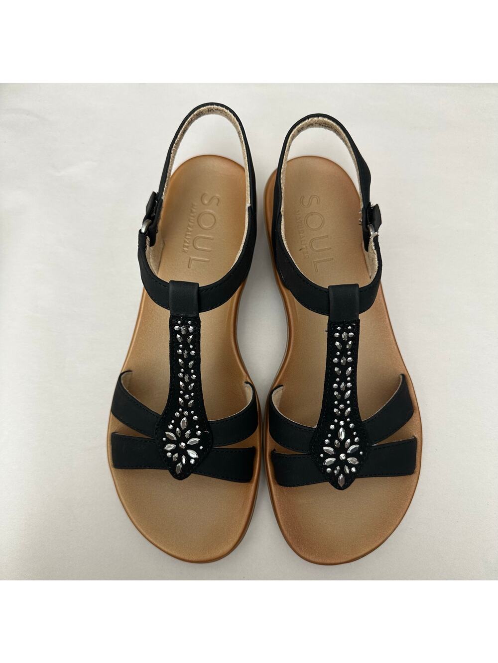 SOUL Naturalizer Summer Black Jeweled Comfort Sandal Flat Ankle Strap 9.5M